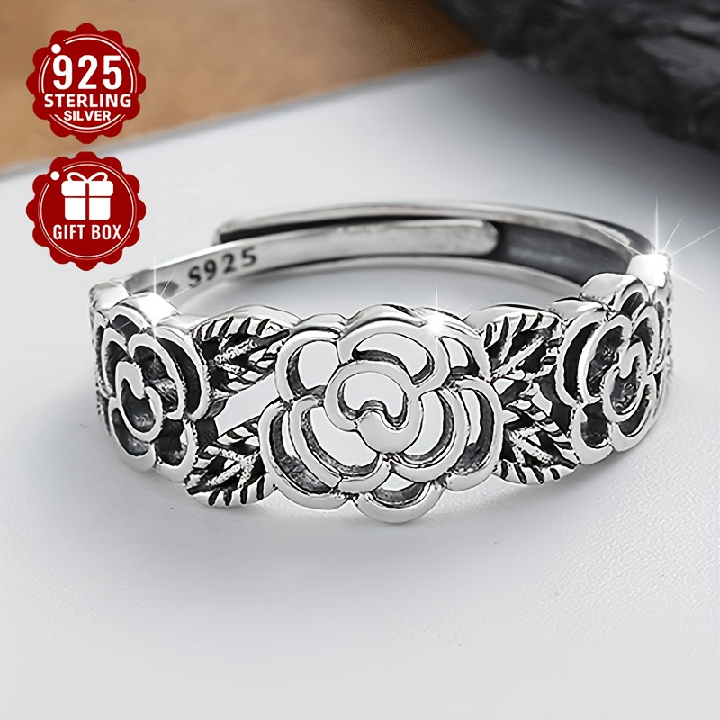 5g Sterling Silver Rose Ring Retro Ethnic Style Hollow Flower Ring